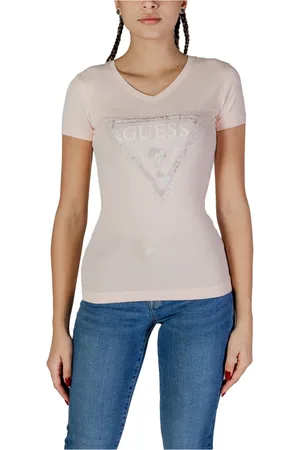 Guess Tops, Dames, Roze, XS, Katoen, Rhinestone Logo V-Neck T-Shirt