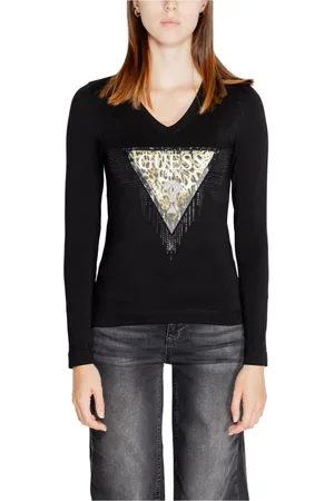 Guess Tops, Dames, Zwart, M, Katoen, Lange Mouw T-shirt met Strass Detail