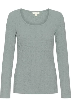 Soaked in Luxury Tops, Dames, Blauw, L, Katoen, Lange Mouw Slim Fit Tee Zilverblauw