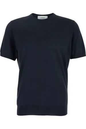 LARDINI Tops, Heren, Blauw, M, Wol, Blauwe Geribbelde Crewneck Wol Zijde Trui
