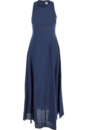 ELEVENTY Kleedjes, Dames, Blauw, M, Linnen, Blauwe Linnen Mouwloze Jurk