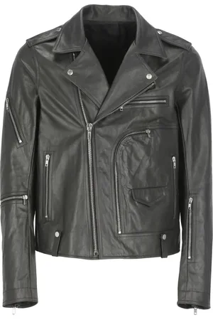 Rick Owens Jassen, Heren, Zwart, L, Zwarte leren jas met ritssluiting zakken