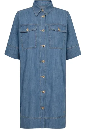 Mos Mosh Kleedjes, Dames, Blauw, L, Denim, Denim Jurk met ½ Mouwen en Zakken