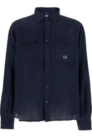 C.P. Company Overhemden, Heren, Blauw, M, Linnen, Blauw Logo Linnen Shirt