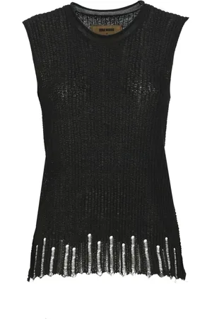 UMA WANG Tops, Dames, Zwart, S, Katoen, Zwarte Geribbelde Mouwloze Crewneck Top
