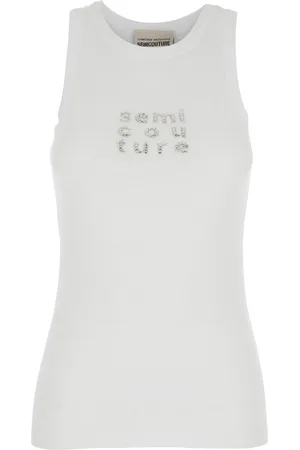 SEMICOUTURE Tops, Dames, Wit, S, Katoen, Wit Ribgebreide Top met Logodetail