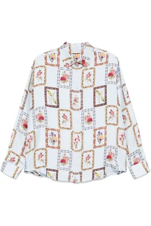 PIERRE-LOUIS MASCIA Overhemden, Dames, Veelkleurig, S, Grafische Print Blauwe Button-Up Shirt