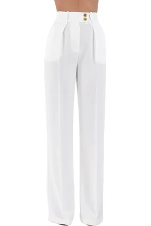 Elisabetta Franchi Broeken, Dames, Wit, M, Polyester, Vloeibare Crêpe Broek met Gouden Knopen