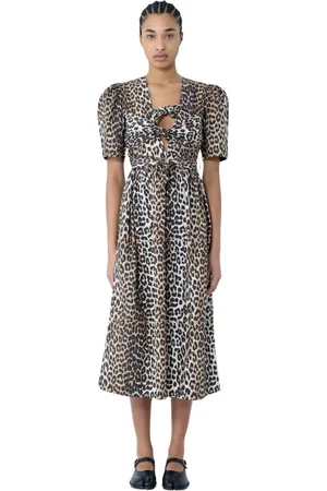Ganni Kleedjes, Dames, Bruin, L, Katoen, Luipaardprint Midi Jurk met Zelfstrik