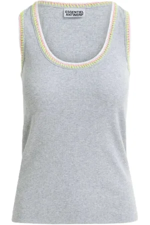 Essentiel Antwerp Tops, Dames, Grijs, M, Katoen, Geborduurde Jersey Top