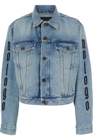 Balenciaga Jassen, Dames, Blauw, S, Denim, Blauwe Denim Jas met Kunstwerk Versiering