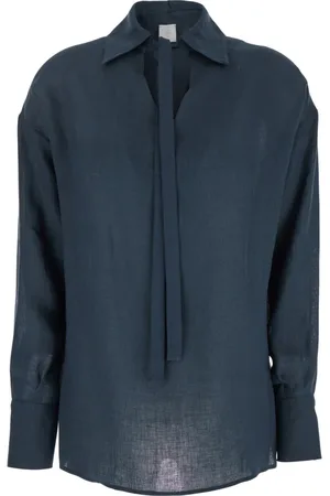 ELEVENTY Blouses & Shirts, Dames, Blauw, S, Linnen, Blauwe Linnen Overhemd met Spreidkraag