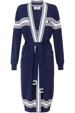 Elisabetta Franchi Truien, Dames, Blauw, M, Blauwe Lange Cardigan met Contrastbanden
