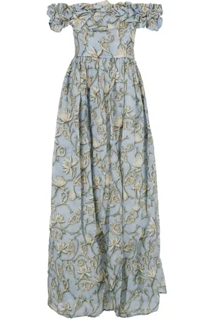 Agua by Agua Bendita Kleedjes, Dames, Blauw, S, Linnen, Blauwe Bloemen Linnen Lange Jurk