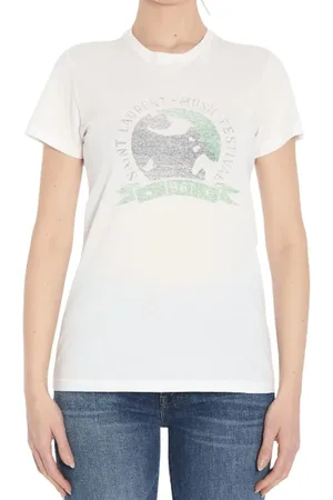 Saint Laurent Tops, Dames, Wit, XS, Katoen, Muziekfestival Grafische Print T-shirt