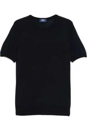 FEDELI Tops, Heren, Blauw, L, Blauwe Geribbelde Crew Neck Sweater