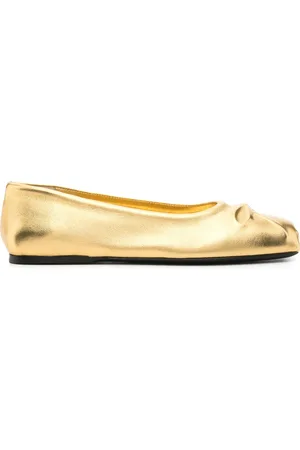 Marni Schoenen, Dames, Geel, 37 1/2 EU, Goudkleurige Leren Platte Schoenen Vierkante Neus