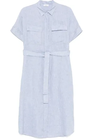 PESERICO SIGN Kleedjes, Dames, Blauw, L, Pastelblauwe Jurk met Knoopsluiting en Elastische Tailleband