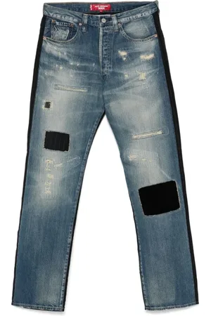 JUNYA WATANABE Jeans, Heren, Blauw, M, Denim, Patchwork Denim Straight Leg Jeans
