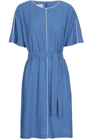 Marie Méro Kleedjes, Dames, Blauw, XL, Blauwe Crepe Jurk met Kamel Manchetten