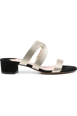 Aquazzura Schoenen, Dames, Geel, 36 EU, Leer, Goudkleurige Blokhak Schoenen met Uitgesneden Details