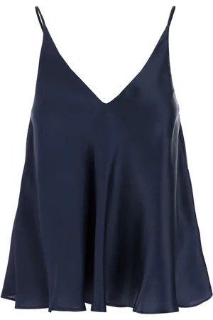SEMICOUTURE Tops, Dames, Blauw, S, Blauwe Zijden V-hals Top met Dunne Bandjes