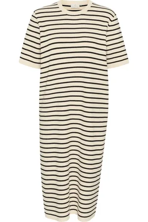Kaffe Kleedjes, Dames, Wit, XL, Gestreepte Gebreide Jurk Tortelduif / Zwart