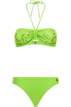 Roberto Cavalli Badkleding, Dames, Groen, S, Leer, Monogram Bikini met Halternek en Lage taille