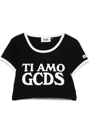 GCDS Tops, Dames, Zwart, M, Zwarte Ronde Hals Korte Mouwen Top