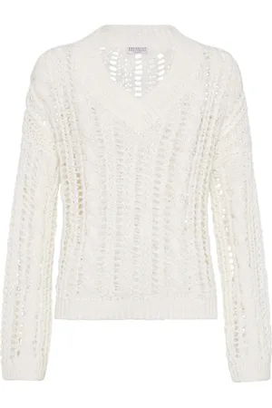 Brunello Cucinelli Truien, Dames, Wit, S, Witte Geribbelde V-Hals Trui