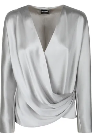 Giorgio Armani Blouses & Shirts, Dames, Grijs, S, Satijn, Elegante V-hals Zijden Blouse