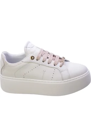 Janet&Janet Schoenen, Dames, Wit, 37 EU, Witte leren sneaker met roze details