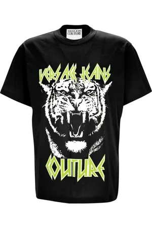 VERSACE Tops, Heren, Zwart, XL, Zwart Logo Print Crew Neck T-shirt