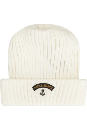 Paul & Shark Accessoires, Heren, Wit, ONE Size, Wol, Geribbelde wollen muts met voorlogo