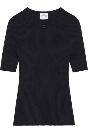 Courrèges Truien, Dames, Blauw, XS, Blauwe Logo Trui Fijne Geribbelde Hals