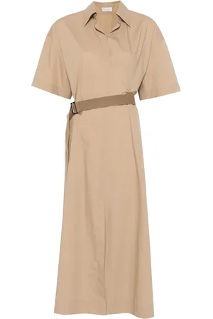 Brunello Cucinelli Kleedjes, Dames, Bruin, M, Lichtbruine V-hals Jurk met Zakken