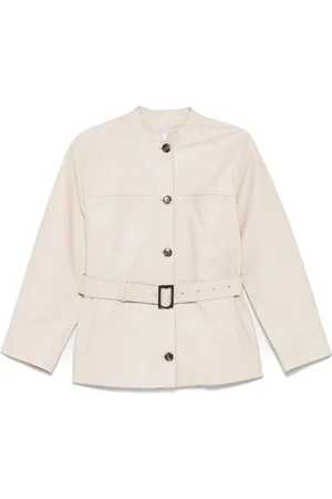 YVES SALOMON Jassen, Dames, Wit, M, Beige leren bovenkleding met riem
