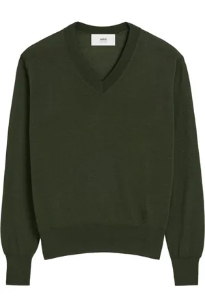 Ami Truien, Heren, Groen, L, Groene V-hals trui met geribbelde details