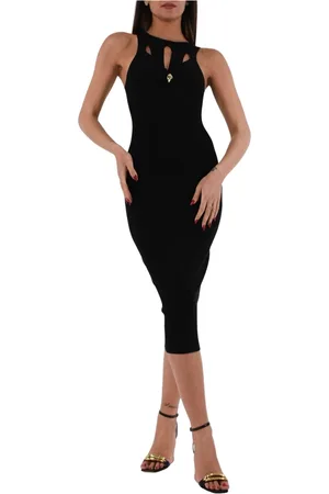 Elisabetta Franchi Kleedjes, Dames, Zwart, L, Geribbelde midi jurk met cut-out