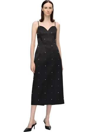 SELECTED Kleedjes, Dames, Zwart, L, Polyester, Satin Midi Jurk met Dunne Bandjes