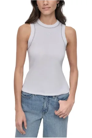 DKNY Tops, Dames, Wit, L, Rhinestone Neck Top voor Elegant Stijl