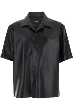 arma leder Overhemden, Heren, Zwart, L, Leer, Zwarte Leren Oversized Shirt met Inkeping Kraag
