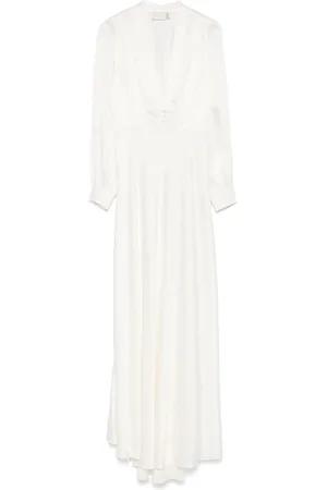 RIXO London Kleedjes, Dames, Wit, M, Leer, Witte V-hals Jurk met Geknoopte Manchetten