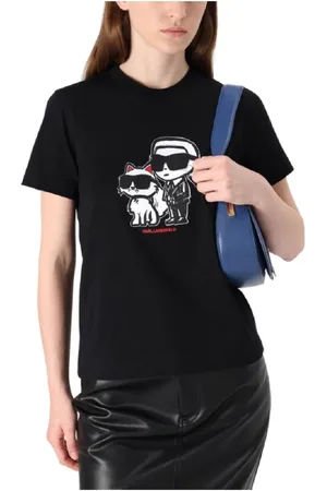 Karl Lagerfeld Tops, Dames, Zwart, S, Katoen, T-shirt Ikon Sketch