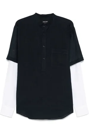 Giorgio Armani Overhemden, Heren, Blauw, M, Navy Layered Band Collar Shirt