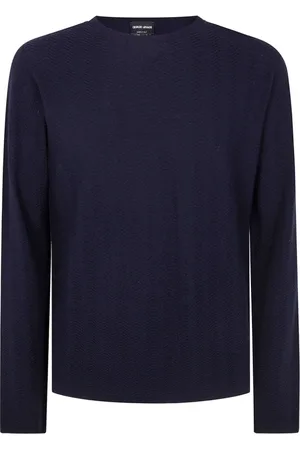 Giorgio Armani Truien, Heren, Blauw, XL, Wol, Blauwe Chevron Gebreide Trui