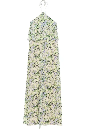 RAQUEL DINIZ Kleedjes, Dames, Groen, S, Groene Bloemenprint Halternek Jurk