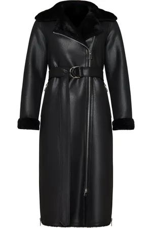 CESARE GASPARI Mantels, Dames, Zwart, 2Xl, Leer, Zwarte Faux Reversible Shearling Lange Jas