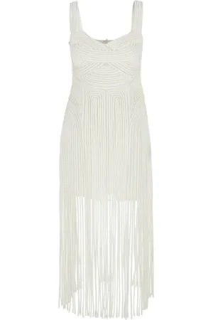 Simkhai Kleedjes, Dames, Wit, XS, Witte Midi Jurk met Franje Zoom