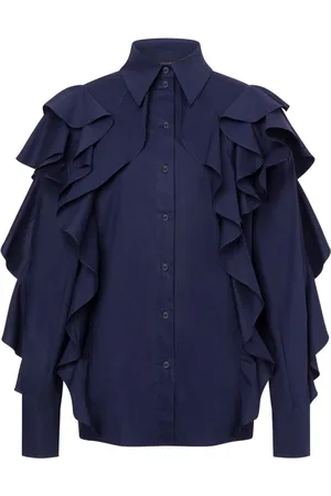 Alberta Ferretti Blouses & Shirts, Dames, Blauw, 2Xs, Katoen, Blauwe Gerimpelde Knoopshirt